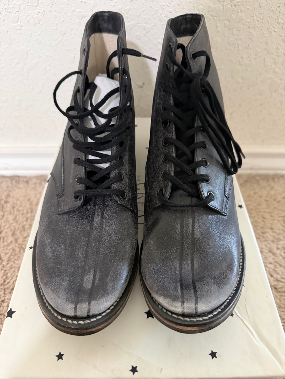 THE GREAT. Women's Distressed Black Lace-Up Leather Boots
